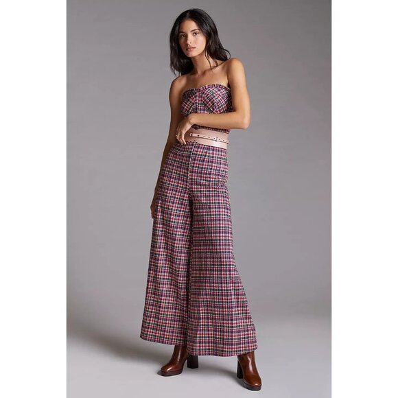 Anthropologie Eva Franco Pink Plaid Strapless Knit Wide Leg Jumpsuit - Picture 1 of 3
